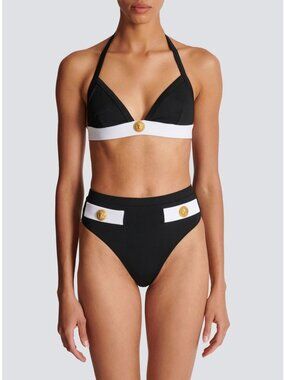 NWT $711 Balmain Lion Head Logo Buttons Two Piece Swimsuit Black Size US 2